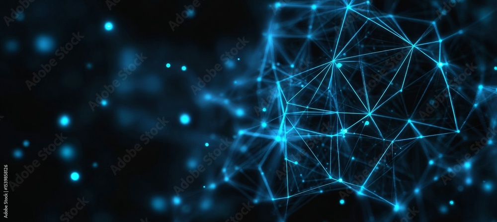 Poster futuristic blue background with interconnected dots and lines representing advanced data technology.