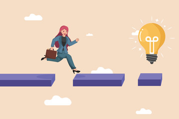Businesswoman Courageously Jumping Across Gaps Towards a Bright Idea Light Bulb, Symbolizing Taking Risks and Overcoming Obstacles to Achieve Innovation and Success.