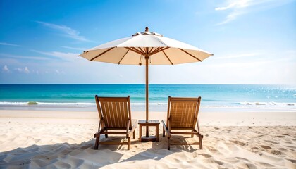 Beach chairs with umbrella, and ocean view.