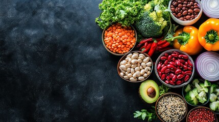 Colorful vegan spread on dark marble table background