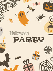 Cute Halloween party invitation with pumpkin. Pumpkin, gifts and decoration. Hand-drawn vector illustration in flat style.