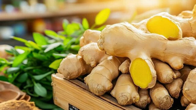 Fresh ginger roots are displayed on a wooden crate with green leaves in a market setting, illuminated by warm sunlight.