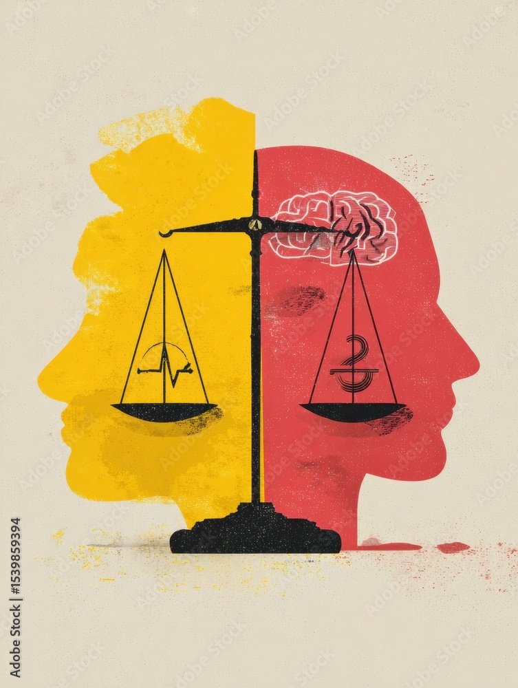 Poster visual representation of the balance between physical health and mental health in a dual head illust