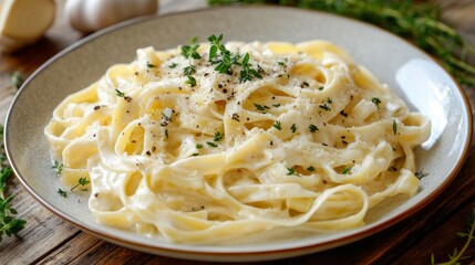 Creamy fettuccine pasta dish topped with herbs and cheese