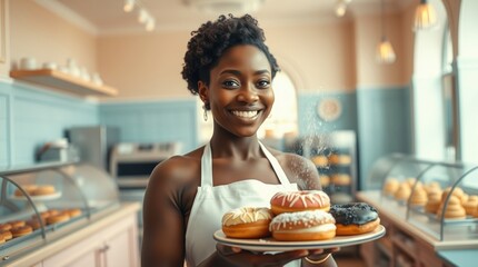 black-skinned woman wearing a white apron, holding donuts working in a bakery shop