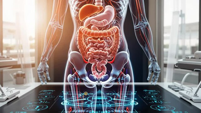 Human torso with detailed digestive system anatomy in digital x-ray style on dark background. Concept of medical education and healthcare