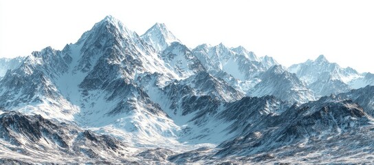 Fototapeta premium Panoramic view of snow-capped mountains, stark peaks against a bright sky, showcasing dramatic textures and a vast, cold landscape