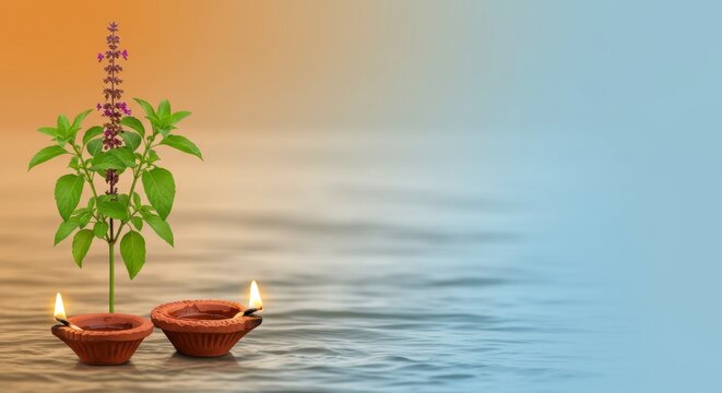 Diya, tulsi and soft lamps glow with gentle waves of river, symbolic representation, background gradient from orange to light blue