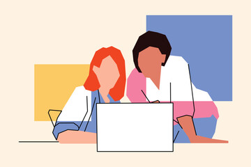 A woman is working together to complete their assignment with a vector design laptop