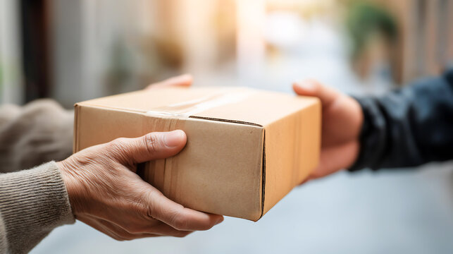 Close up hands of a customer receiving a cardboard boxes parcel from delivery service courier, Delivery man send parcel to customer accept order in application after that by express service
