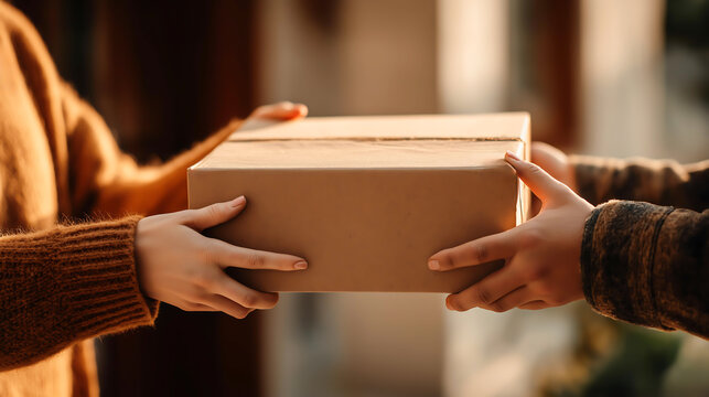 Close up hands of a customer receiving a cardboard boxes parcel from delivery service courier, Delivery man send parcel to customer accept order in application after that by express service
