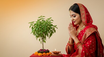 Indian woman wearing red sari praying in front of tulsi plant with diya, serene background with color gradient from saffron to light beige