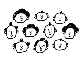 日本の江戸時代の人々・町民や武士のかわいい笑顔イラスト