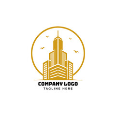 Obraz premium Golden Skyscraper Silhouette: An architectural emblem showcases a sleek skyscraper in a circular frame, signifying modern urban design and the allure of real estate.