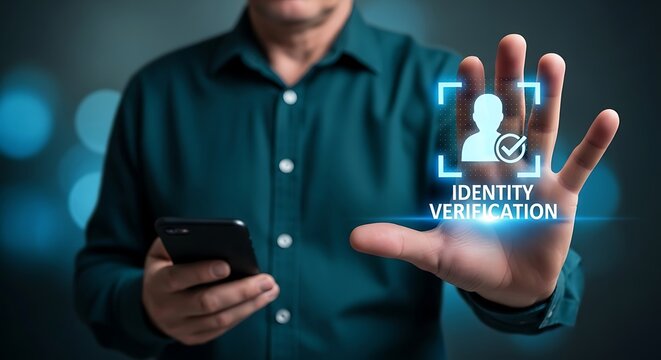 Digital Transformation of Personal Identity Authentication .Data Security and Biometric ID Check in Digital World,A man using smartphone for digital identity verification process..