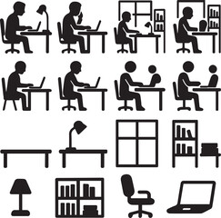 Office and Work From Home Silhouette Vector Icon Set