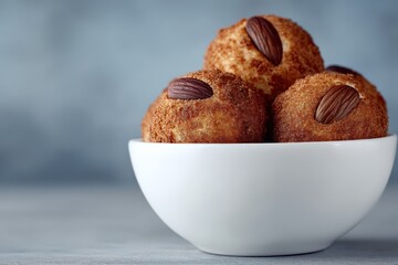 Deliciously crafted nut-coated sweet balls presented in a elegant white bowl on a smooth surface inviting culinary exploration highlighting dessert aesthetics and indulgent flavors