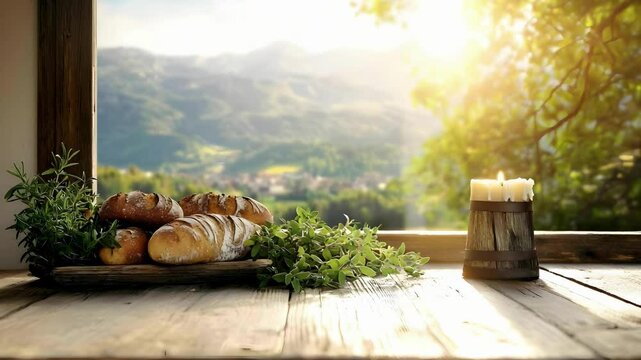 A rustic table displaying fresh bread and herbs, with a candle beside it, against a scenic, sunlit landscape.