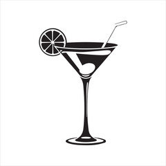 Cocktail Glass Silhouette with Straw and Lemon Slice Vector Icon