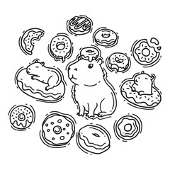 Hand drawn doodle of donuts and capybara. Vector illustration