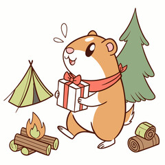 Creative SVG: Gentle Hamster with carrying a gift box in a Campfire Glow colored Camping trip theme