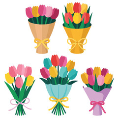 Tulip bouquets in wrapping paper vector isolated white background