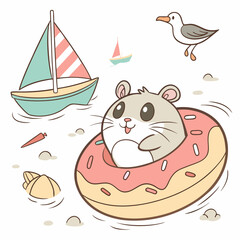Ocean Breeze colored Hamster with a Mischievous touch, placed in a Beach day theme and styled with inside a donut float