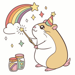 Pastel Rainbow colored Hamster with a Dreamy touch, placed in a Rainbow theme and styled with with a magic wand