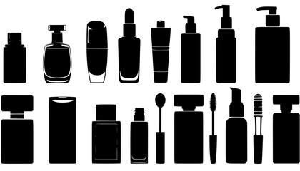 Silhouettes of cosmetic bottles and jars in various shapes and sizes  