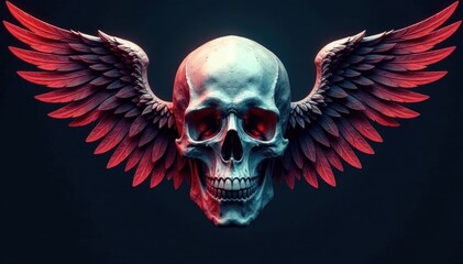 Stylized skull, large angel wings, dark background, graphic, hell, macabre