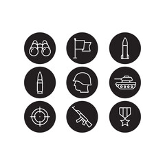 Set of 9 Military and War Icons – Vector Symbols of Soldiers, Weapons, Tanks, Missiles, and Defense Equipment. Simple line illustration.