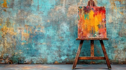 Easel holding abstract painting against textured turquoise wall