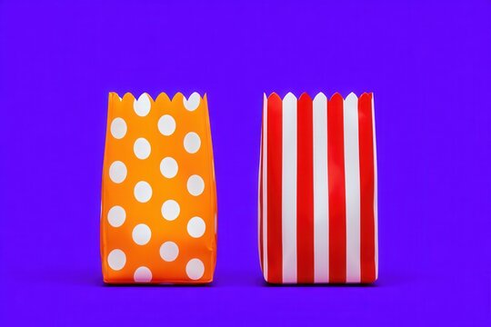 Colorful popcorn bags displayed against a vibrant purple background showcasing playful design elements with polka dots and stripes creating a fun and eye-catching snack packaging concept