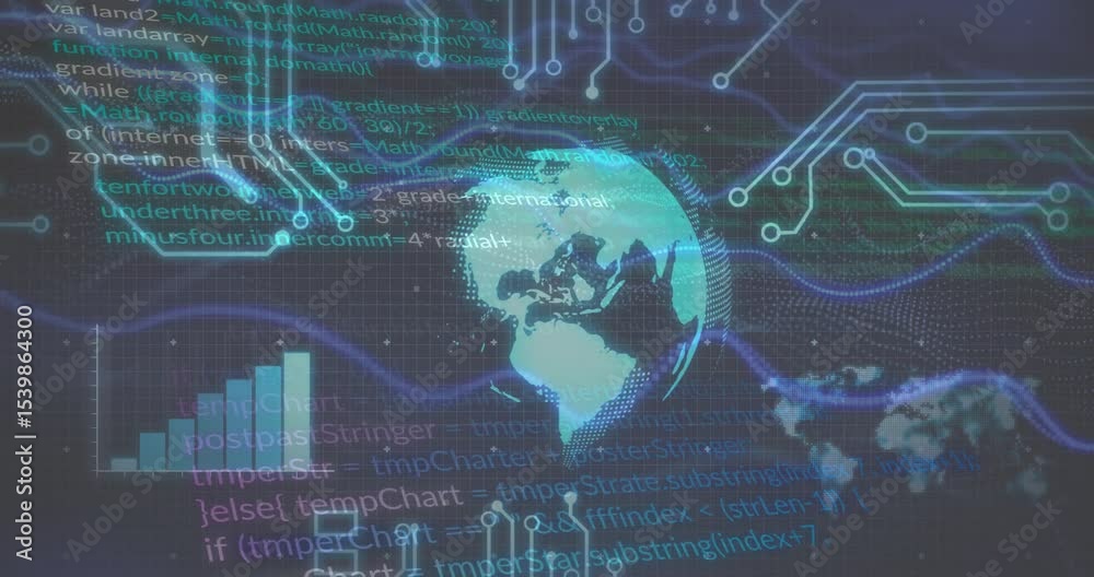 Poster opening showing rotating 3d globe with drifting code, lighting nodes and sine-wave visualizing data