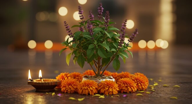 Holy tulsi plant decorated with diyas and flowers