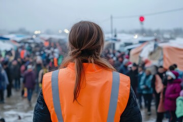 Volunteer in a safety vest overseeing crowds in a camp on a hazy day. Ideal for illustrating humanitarian aid, community support or crisis relief.