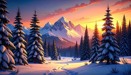 Snowy Mountain Sunset Landscape.