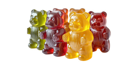 Colorful Gummy Bears In A Row. Sweet Candy Treats Isolated On Transparent Background