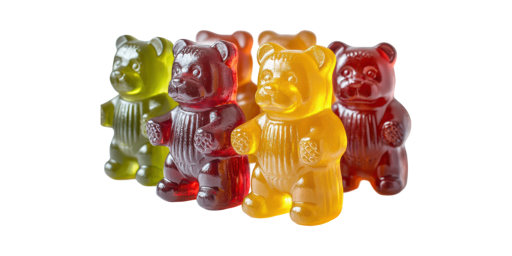 Colorful Gummy Bears In A Row. Sweet Candy Treats Isolated On Transparent Background