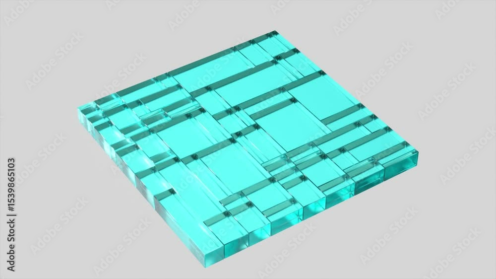 Poster glass tile displaying intricate grid pattern rotating slowly, revealing translucent cyan color again