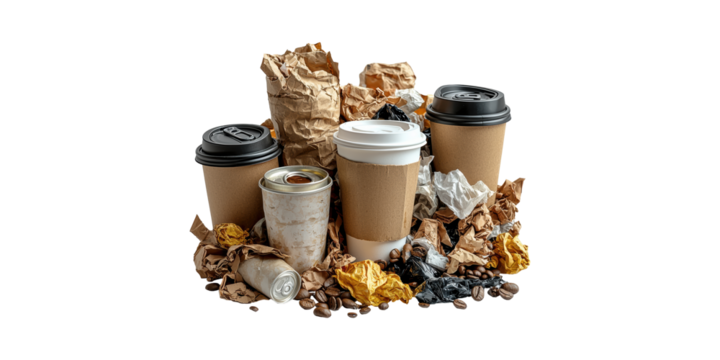 Disposable Coffee Cups And Trash. Environmental Impact And Waste Management Isolated On Transparent Background