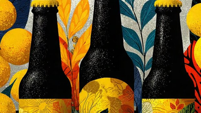 Elegant beer bottle artwork with citrus fruits and floral elements, perfect for branding