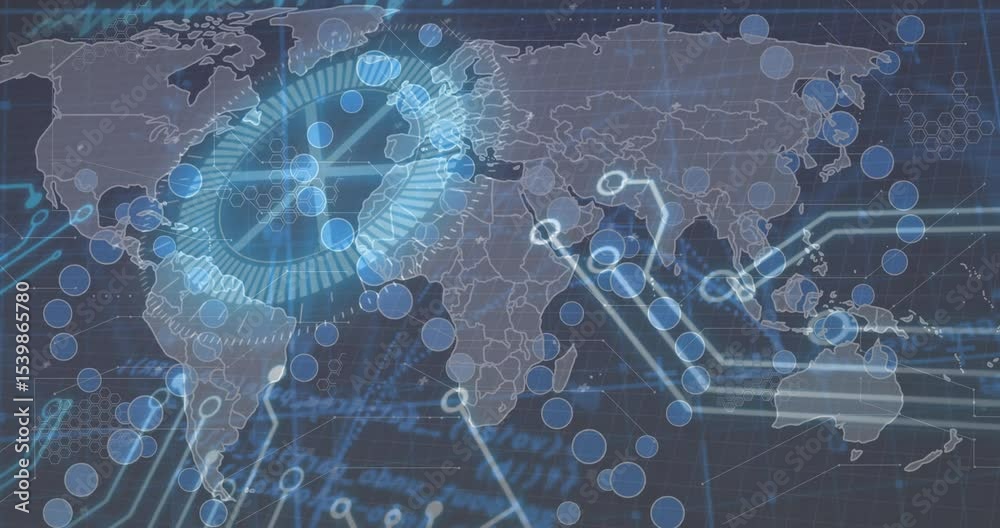 Poster Scrolling code background initiating digital map and rotating HUD pulsing nodes tracing data flow