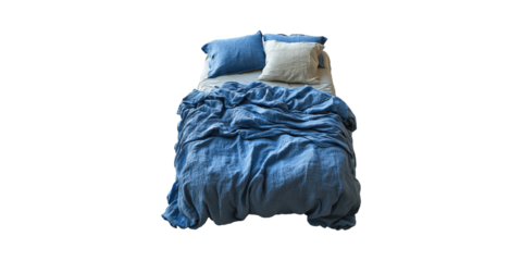 Messy Bed With Blue Linen Bedding And Pillows. Comfort And Relaxation In Bedroom Decor Isolated On Transparent Background