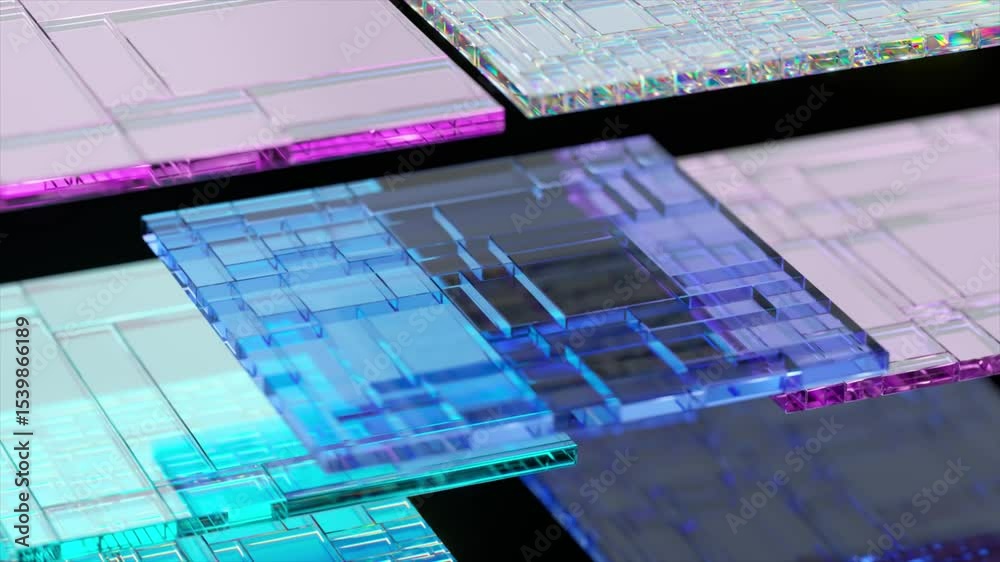 Poster complex transparent circuit board rotating slowly on multiple layers, showcasing intricate details a
