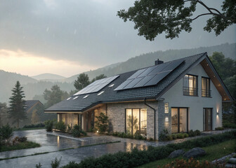 Obraz premium Rainy day on modern house with solar technology
