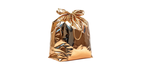 Shiny Gold Gift Bag With Drawstring. Luxurious Packaging For Special Occasions Isolated On Transparent Background