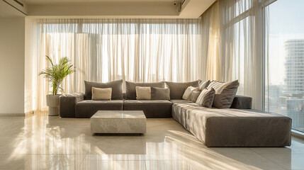 Fototapeta premium Minimalist living room with clean lines and neutral tones, embodying modern simplicity and serene elegance.