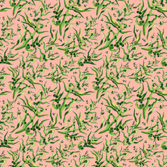 Seamless watercolor pattern with green twigs and leaves. Suitable for textiles, wrapping paper.