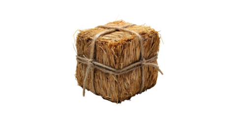 Square Hay Bale Tied With Twine. Agricultural Feed And Rustic Decor Isolated On Transparent Background